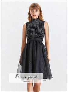 Rosen Dress - Beading Lace Decor Sleeveless High Waist Mesh Midi Patchwork, Waist, Sleeveless, Stand Collar, vintage SUN-IMPERIAL United 
