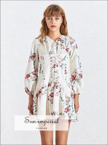 Roubaix Dress- Floral Print /solid White Women Mini Dress V Neck Lantern Long Sleeve Print, High Waist, Sleeve, Neck, Vintage SUN-IMPERIAL 