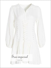 Roubaix Dress- Floral Print /solid White Women Mini Dress V Neck Lantern Long Sleeve Print, High Waist, Sleeve, Neck, Vintage SUN-IMPERIAL 