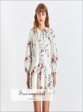 Roubaix Dress- Floral Print /solid White Women Mini Dress V Neck Lantern Long Sleeve Print, High Waist, Sleeve, Neck, Vintage SUN-IMPERIAL 