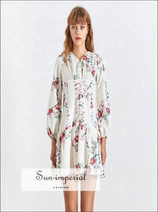 Roubaix Dress- Floral Print /solid White Women Mini Dress V Neck Lantern Long Sleeve Print, High Waist, Sleeve, Neck, Vintage SUN-IMPERIAL 