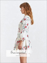 Roubaix Dress- Floral Print /solid White Women Mini Dress V Neck Lantern Long Sleeve Print, High Waist, Sleeve, Neck, Vintage SUN-IMPERIAL 
