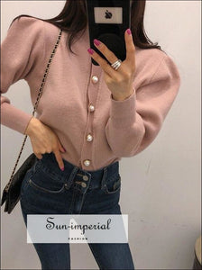 Round Collar Sweater Pearl Buckle Sweater Open Bubble Sleeve Woman V-neck Cardigans