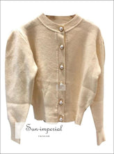 Round Collar Sweater Pearl Buckle Sweater Open Bubble Sleeve Woman V-neck Cardigans