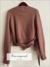 Rust Wool Blend Autumn Women Long Sleeve V-neck Wrap Sweater top with Sashes detail SUN-IMPERIAL United States