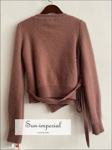 Rust Wool Blend Autumn Women Long Sleeve V-neck Wrap Sweater top with Sashes detail SUN-IMPERIAL United States