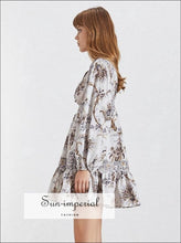 Saint-denis Dress - Vintage a Line Floral Dress Lantern Long Sleeve V Neck Mini Dress
