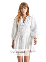 Saint-paul Dress - Elegant White Dress Women V Neck Lantern Sleeve High Waist Lace
