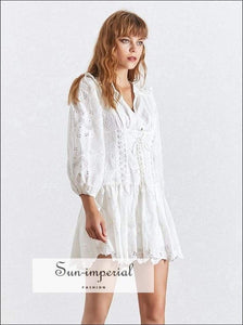 Saint-paul Dress - Elegant White Dress Women V Neck Lantern Sleeve High Waist Lace