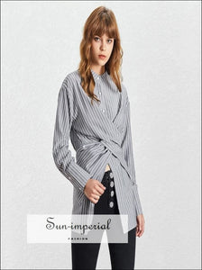 Samantha top - Vintage Women Long Sleeve Shirt Asymmetrical Casual Striped Blouse