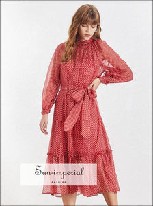 San Diego Dress- Red Vintage Sheer Polka Dot Maxi Dress High Neck Collar Long Sleeve Tie Waist