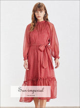 San Diego Dress- Red Vintage Sheer Polka Dot Maxi Dress High Neck Collar Long Sleeve Tie Waist