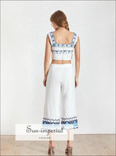Sun-Imperial Sawyer Pants Set -women Vintage White Floral Print Two Piece Pant Set Square Neck Sleeveless top 3/4