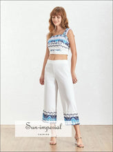Sun-Imperial Sawyer Pants Set -women Vintage White Floral Print Two Piece Pant Set Square Neck Sleeveless top 3/4
