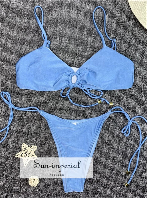 Scalloped String Bikini Swimsuit - Light Blue