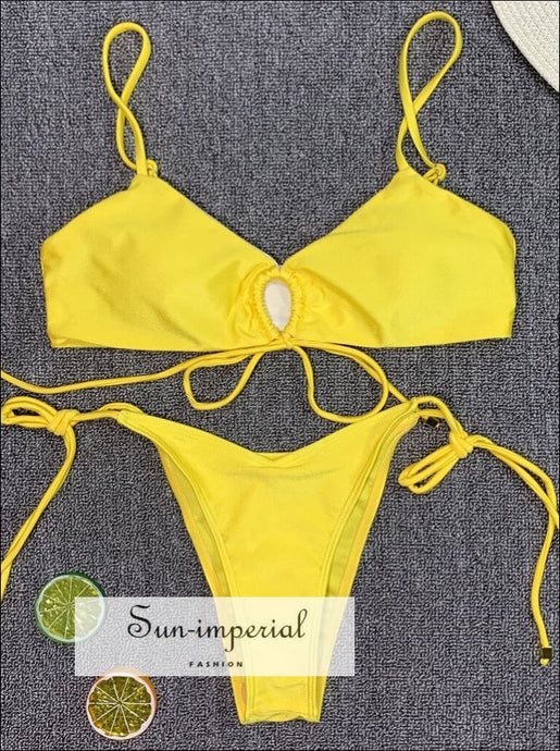 Scalloped String Bikini Swimsuit - Yellow