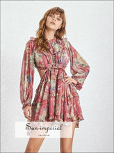 Seattle Dress - Burgundy Vintage Backless Floral Print Women Mini Dress Long Sleeve