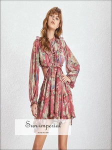 Seattle Dress - Burgundy Vintage Backless Floral Print Women Mini Dress Long Sleeve