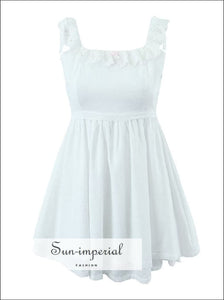 White Lace Square Collar Ruffles Bow Tie Cami Strap Mini Dress With Up Back Detail Sun-Imperial United States