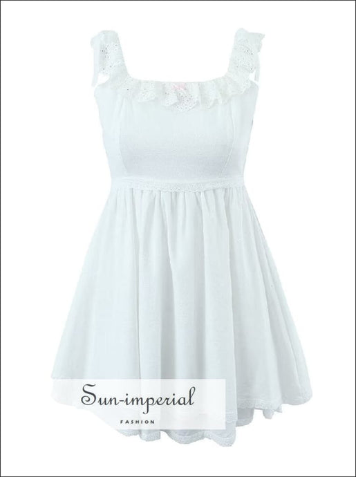 White Lace Square Collar Ruffles Bow Tie Cami Strap Mini Dress With Up Back Detail Sun-Imperial United States