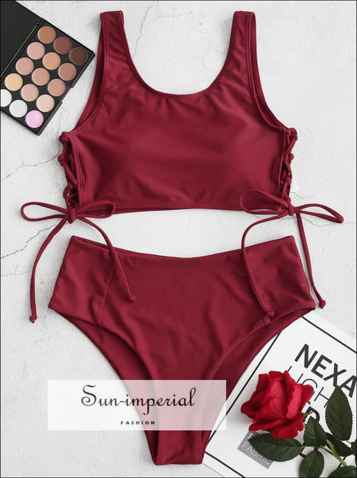 Side Lace-up Padded Tankini Swimsuit Bikini Set