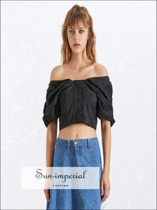 Sierra top - Black Women Shirt Square Collar Puff Sleeve Button Slim Crop top Blouse