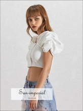 Sierra top - White Women Shirt Square Collar Puff Sleeve Button Slim Crop top Blouse