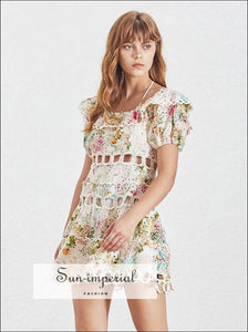 Siesta Dress -women's Vintage off Shoulder Halter a Line Lace Floral Print Dress Puff Short Sleeve