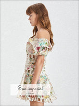 Siesta Dress -women's Vintage off Shoulder Halter a Line Lace Floral Print Dress Puff Short Sleeve
