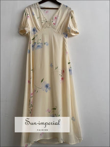 Silk Cream Floral Print V Neck Sort Puff Sleeve Midi Dress with Lace detail elegant style, silk dress, Unique vintage style SUN-IMPERIAL 