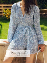 Sky Blue Floral Print Women Short Wrap Long Sleeve Jumpsuit V-neck Backless Lantern Romper casual style, chick sexy floral long sleeve 