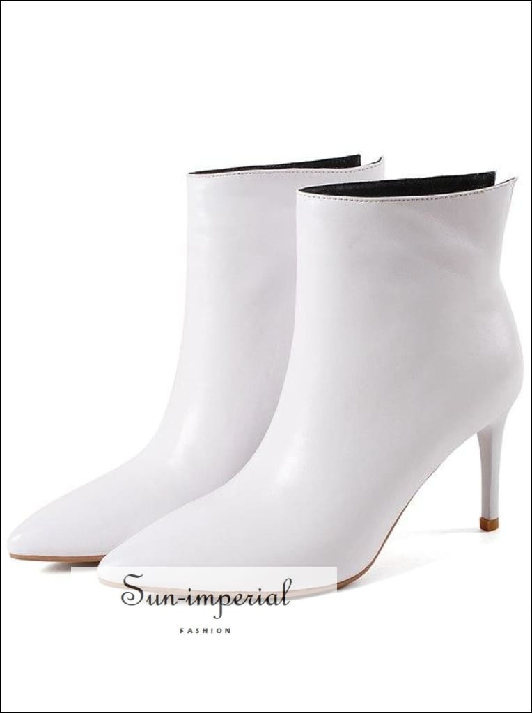 Slip on Toe Pointed High Heels Genuine Cow Leather Ankle Boots White and Black Size Us4-us12 Ankle, Elegant, Faux Leather, Heel, Point 