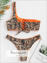 Snakeskin Leopard One Shoulder Reversible Bikini Set - Forest Green