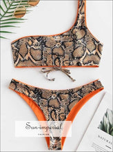 Snakeskin Leopard One Shoulder Reversible Bikini Set - Mango Orange