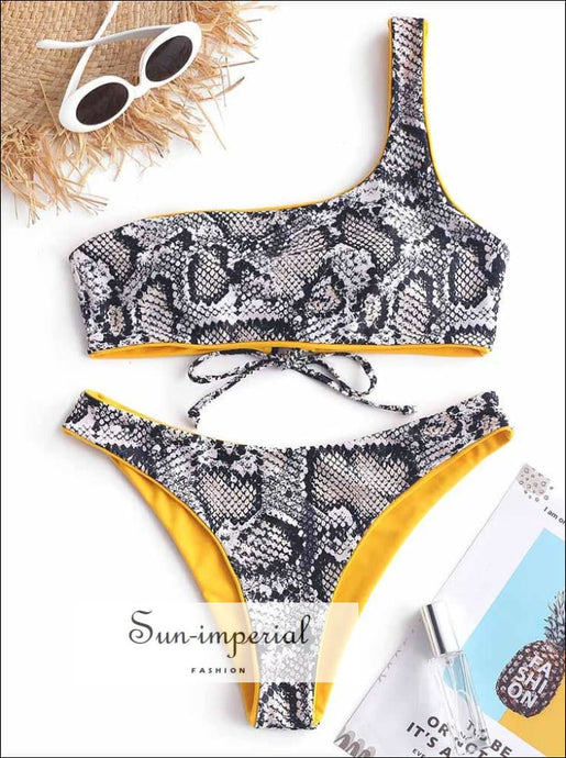 Snakeskin Leopard One Shoulder Reversible Bikini Set - Mustard