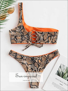 Snakeskin Leopard One Shoulder Reversible Bikini Set - Mustard