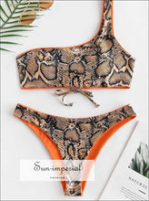 Snakeskin Leopard One Shoulder Reversible Bikini Set - Mustard