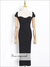 Solid Black Arc Square Collar Knitted Bodycon Slim Stretch Cut Long Sleeve Midi Dress basic style, casual chick sexy street Unique style 