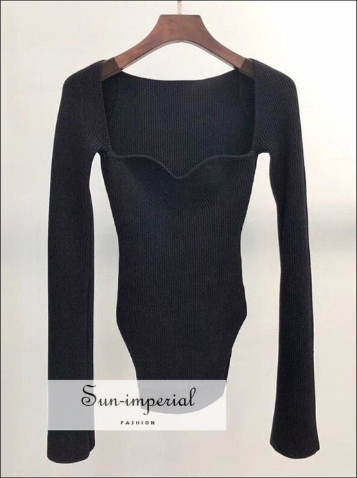 Solid Black Arc Square Collar Knitted T-shirt Slim Stretch Cut Long Sleeve Women Top Basic style, chick sexy T SHIRT, Unique style