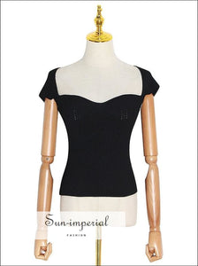 Solid Black Arc Square Collar Knitted T-shirt Slim Stretch Cut Short Sleeve Women Summer top SUN-IMPERIAL United States