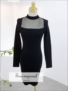 Solid Black Mesh Insert Bodycon Knit Mini Dress Wiht High Neck Detail chick sexy style, harajuku PUNK STYLE, With Sun-Imperial United States