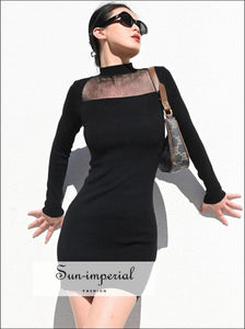 Solid Black Mesh Insert Bodycon Knit Mini Dress Wiht High Neck Detail chick sexy style, harajuku PUNK STYLE, With Sun-Imperial United States