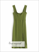 Solid Black Ribbed Midi Dress with Square Neckline Wide Cami Strap and front Split detail Basic style, chick sexy style SUN-IMPERIAL United 