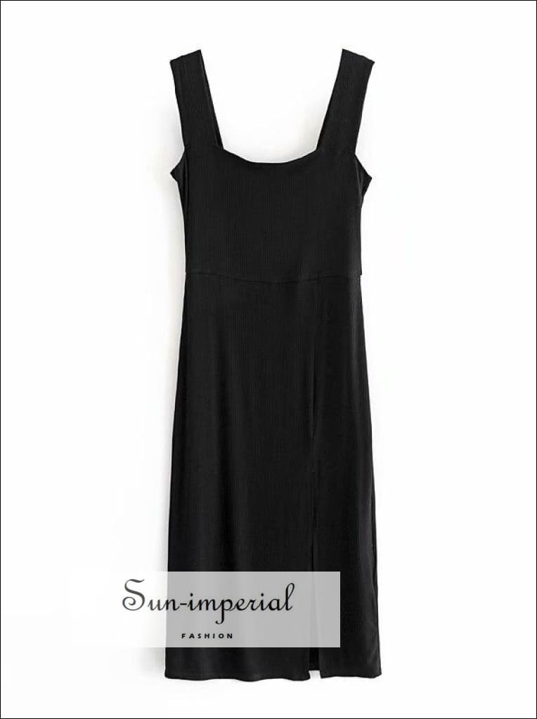 Solid Black Ribbed Midi Dress with Square Neckline Wide Cami Strap and front Split detail Basic style, chick sexy style SUN-IMPERIAL United 