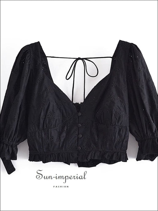 Solid Black Short Puff Sleeve Blouse with Bow Tie and Lace detail Cropped top Bohemian Style, boho, boho style, chick sexy Detail Top 
