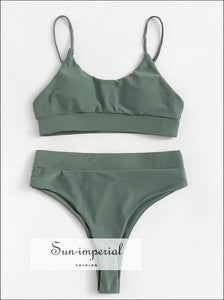Solid Color Beach Swimwear Fashion Two-piece High Waist Bikini Set Push-up Bra thin Rope Strap