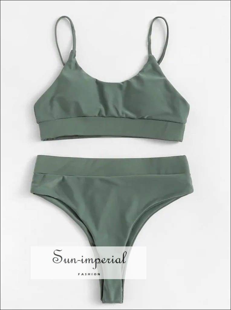 Solid Color Beach Swimwear Fashion Two-piece High Waist Bikini Set Push-up Bra thin Rope Strap