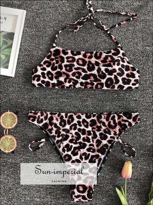 Solid Halter Bikini Set - Leopard