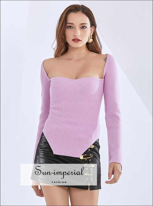 Solid Purple Arc Square Collar Ribbed T-shirt Slim Stretch Cut Long Sleeve Women top Basic style, casual chick sexy harajuku Unique style 
