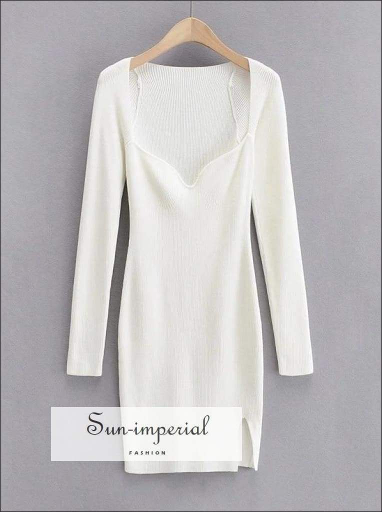 Solid White Arc Square Collar Knitted Bodycon Slim Stretch Long Sleeve Mini Dress with Slit detail chick sexy style, harajuku LONG SLEEVE 